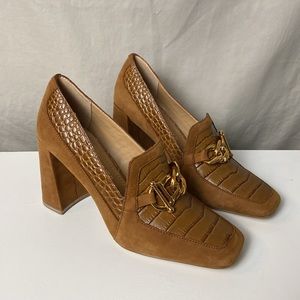 Gibson Latimer 7 Womens Camel Brown Suade Leather Croc Embossed Gold Block Heel